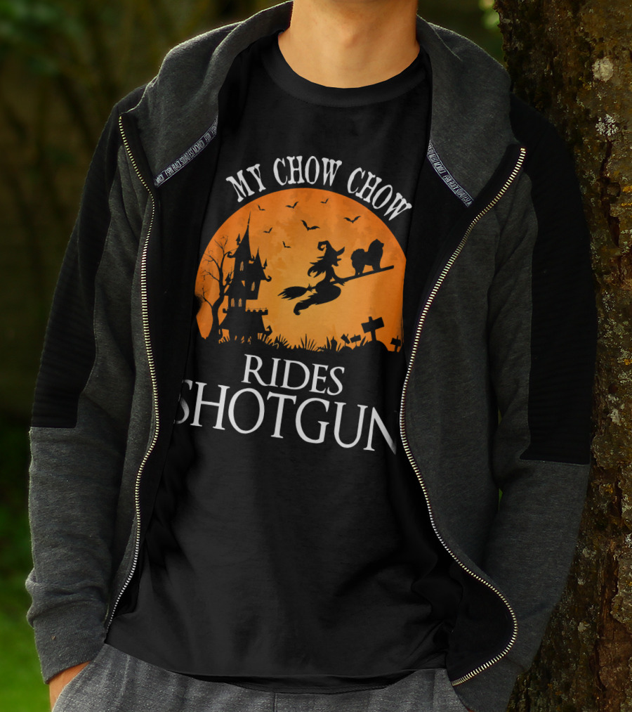 My Chow Chow Rides Shotgun Witch Silhouette Halloween Scene T-Shirt