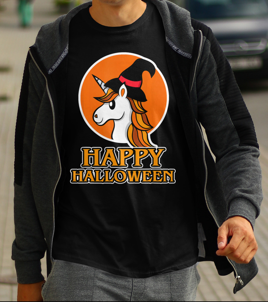 Happy Halloween Unicorn With Witch Hat T-Shirt