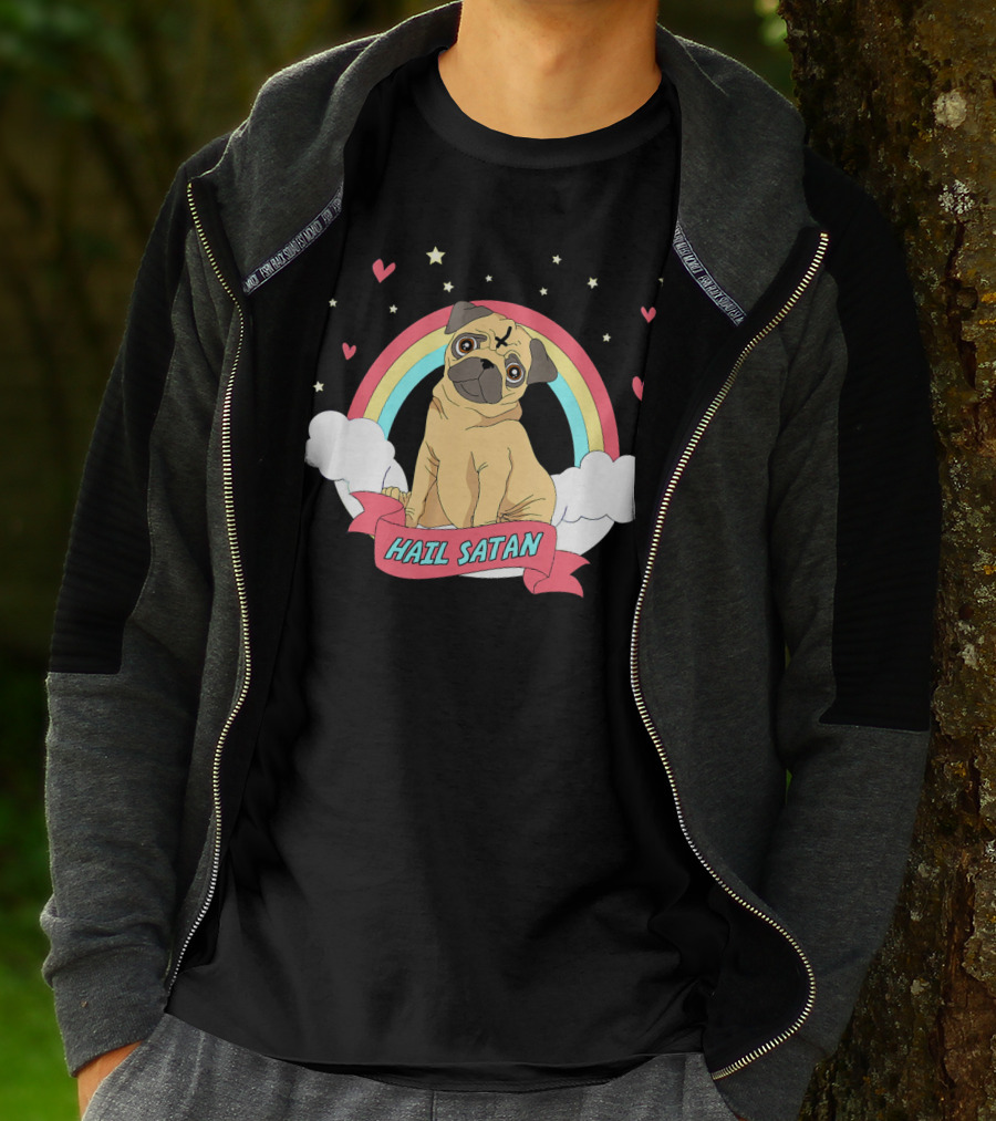 Hail Satan Pug Cute Halloween Rainbow Hearts Stars Clouds T-Shirt