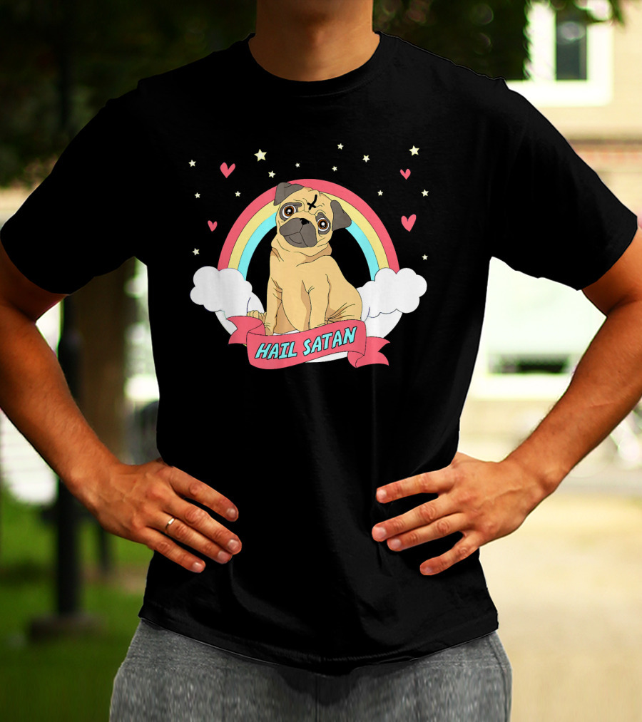 Hail Satan Pug Cute Halloween Rainbow Hearts Stars Clouds T-Shirt