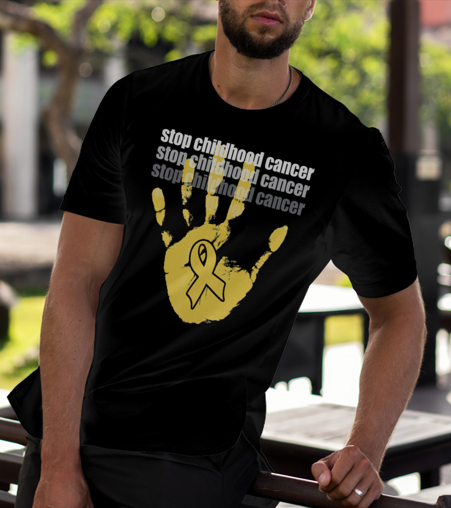 Stop Childhood Cancer Yellow Handprint Ribbon Awareness T-Shirt