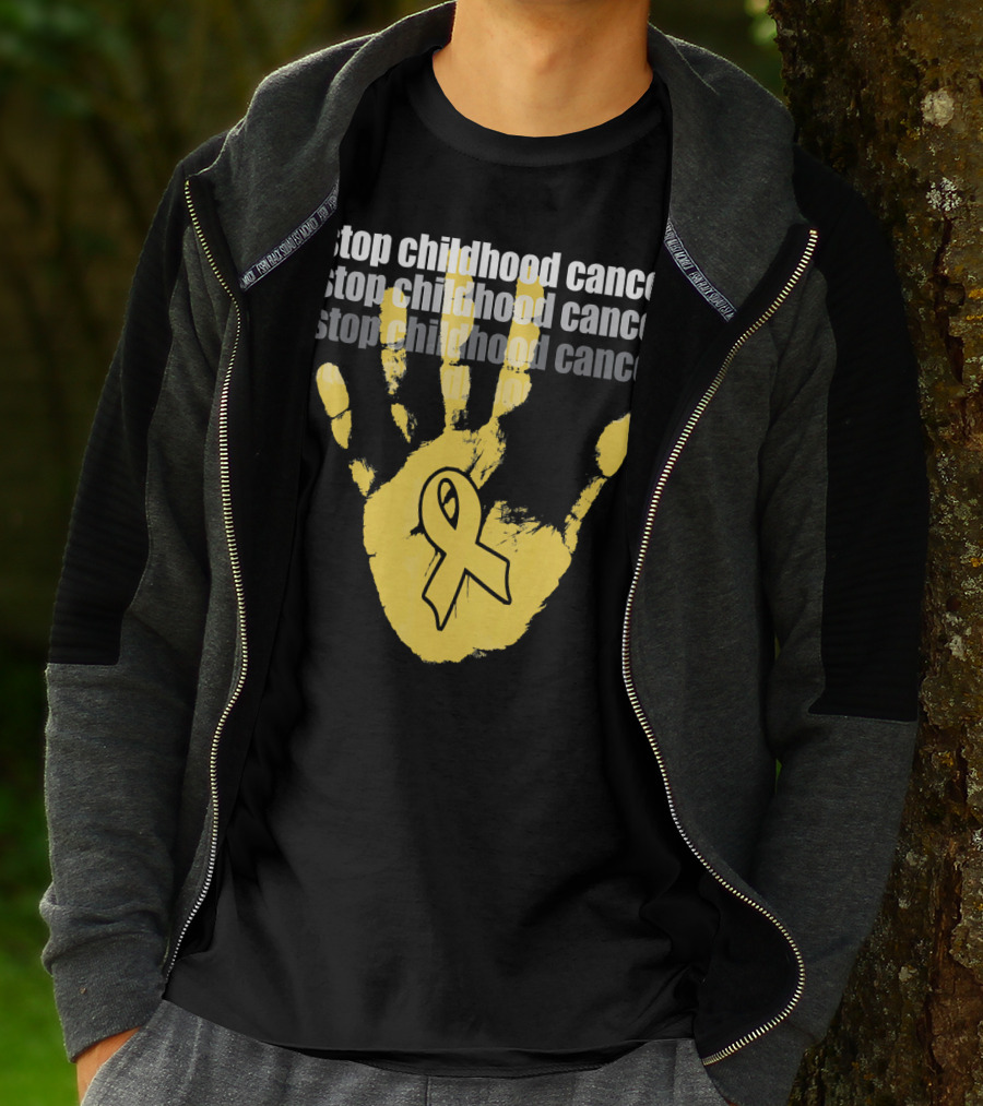 Stop Childhood Cancer Yellow Handprint Ribbon Awareness T-Shirt