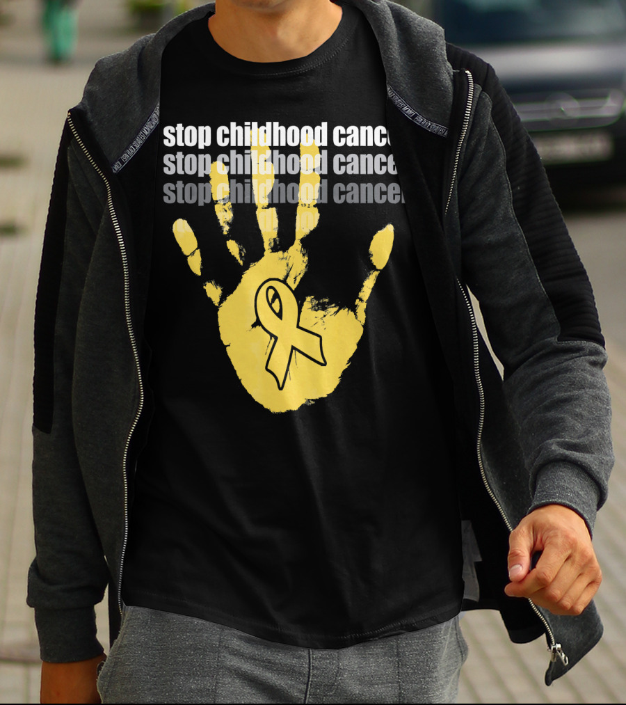 Stop Childhood Cancer Yellow Handprint Ribbon Awareness T-Shirt