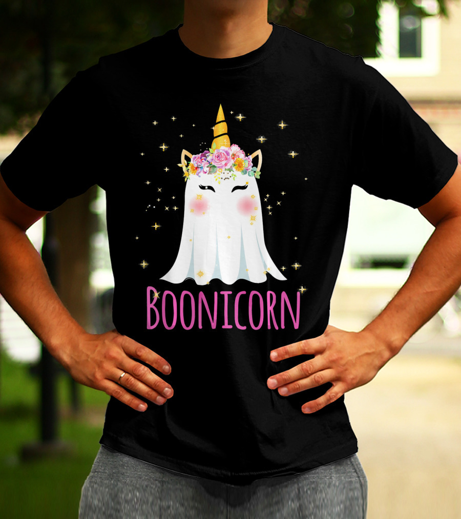 BooNicorn Unicorn Ghost With Flowers And Stars Halloween For Girl T-Shirt