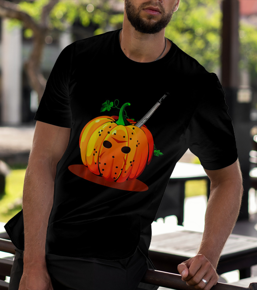 Horror Pumpkin Halloween Scary Face Knife T-Shirt