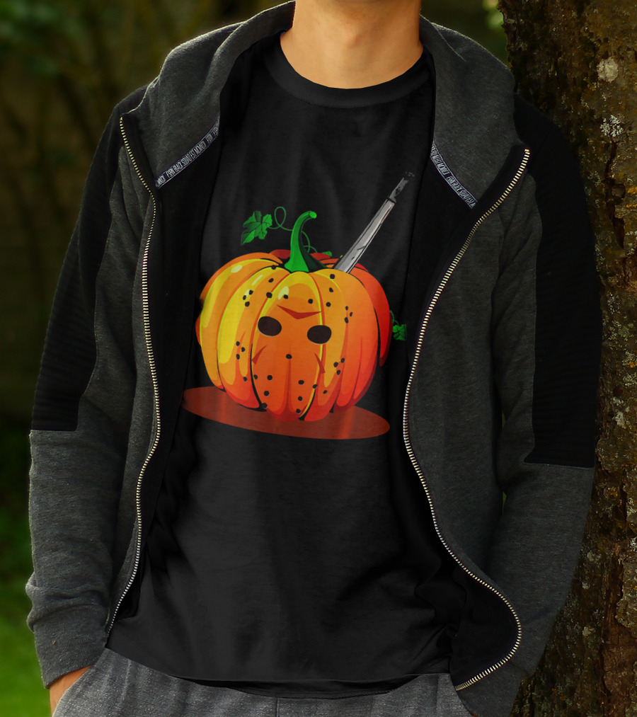 Horror Pumpkin Halloween Scary Face Knife T-Shirt