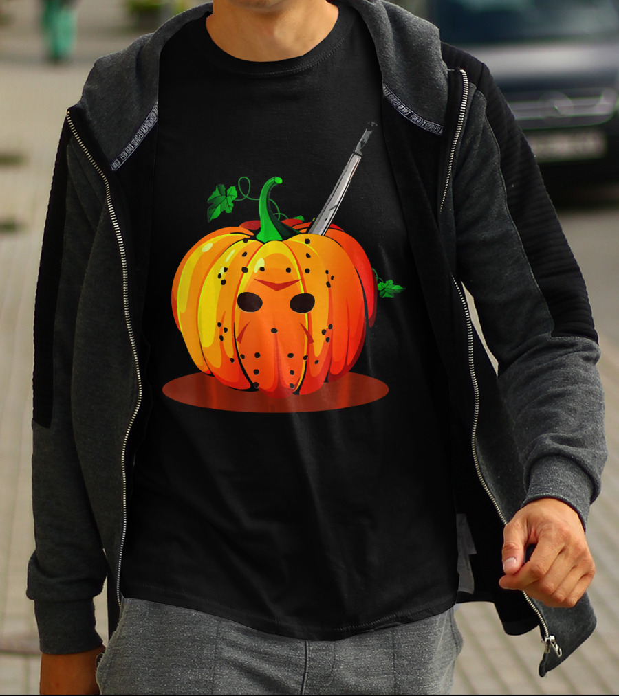 Horror Pumpkin Halloween Scary Face Knife T-Shirt