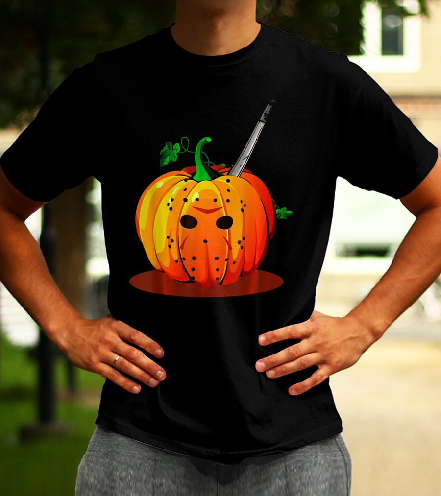Horror Pumpkin Halloween Scary Face Knife T-Shirt