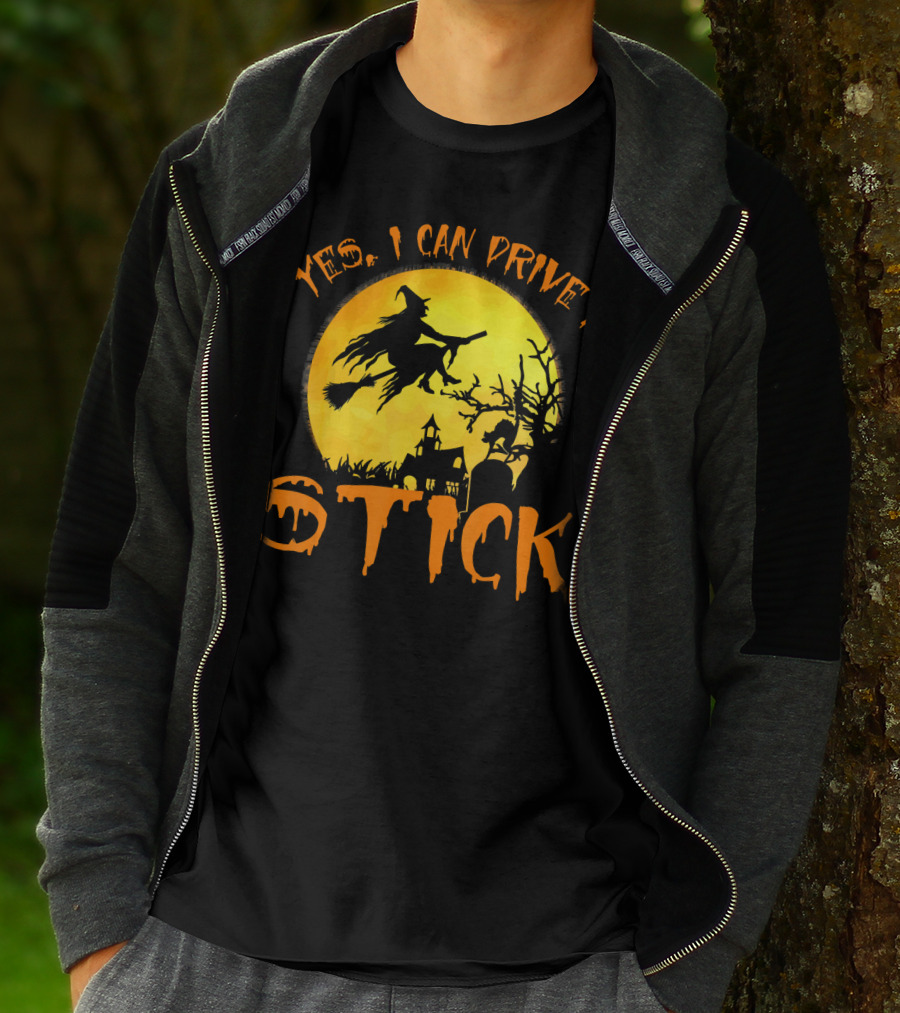 Yes I Can Drive A Stick Witch Flying On Broomstick With Full Moon And Haunted House T-Shirt