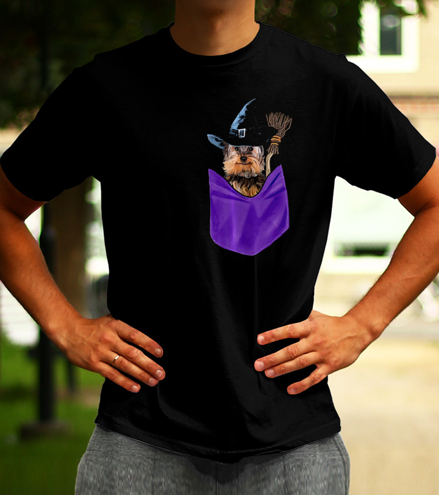 Yorkie Witch In Pocket With Broomstick T-Shirt
