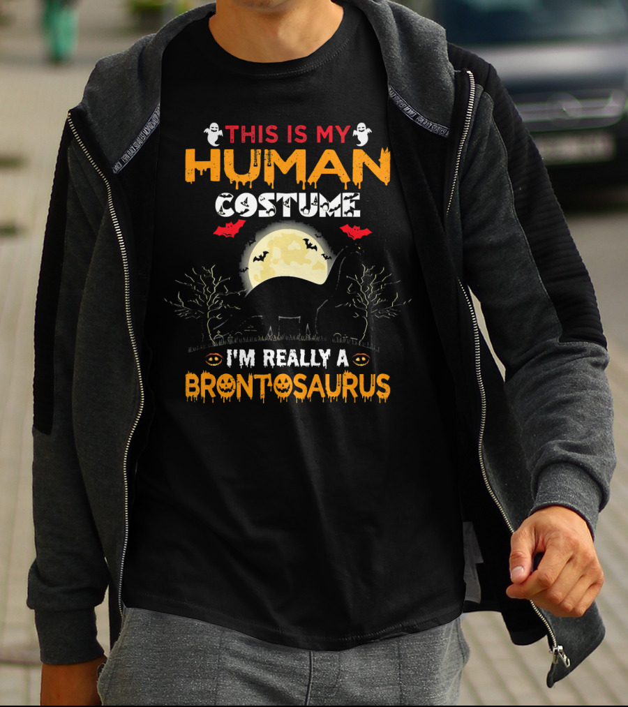 This Is My Human Costume I'm Really A Brontosaurus Halloween Moon Ghosts Bats Trees T-Shirt