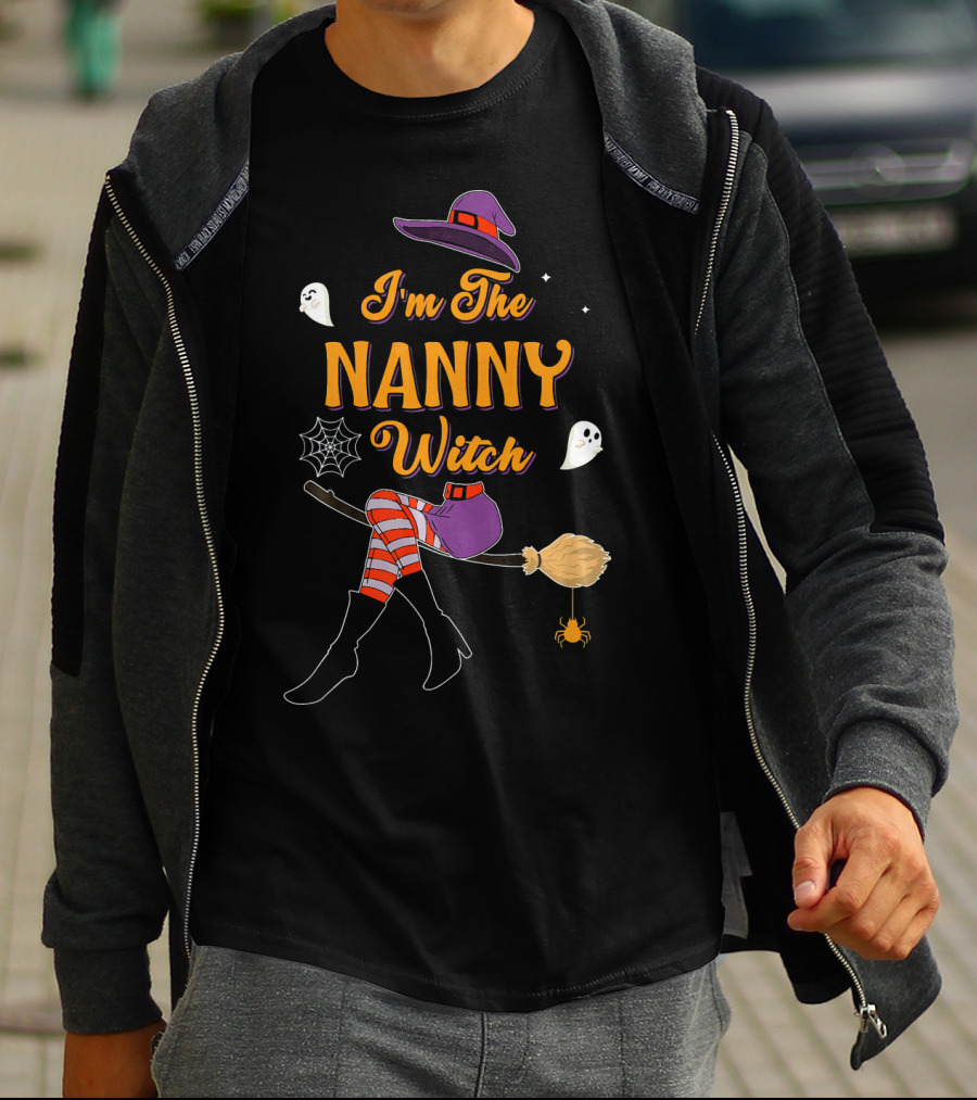 I'm The Nanny Witch Halloween Group Costume Ghosts Broomstick Hat Spider Web T-Shirt