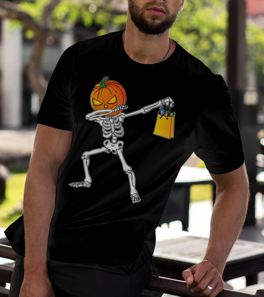Halloween Kids Pumpkin Skeleton Dabbing With Candy Bag T-Shirt