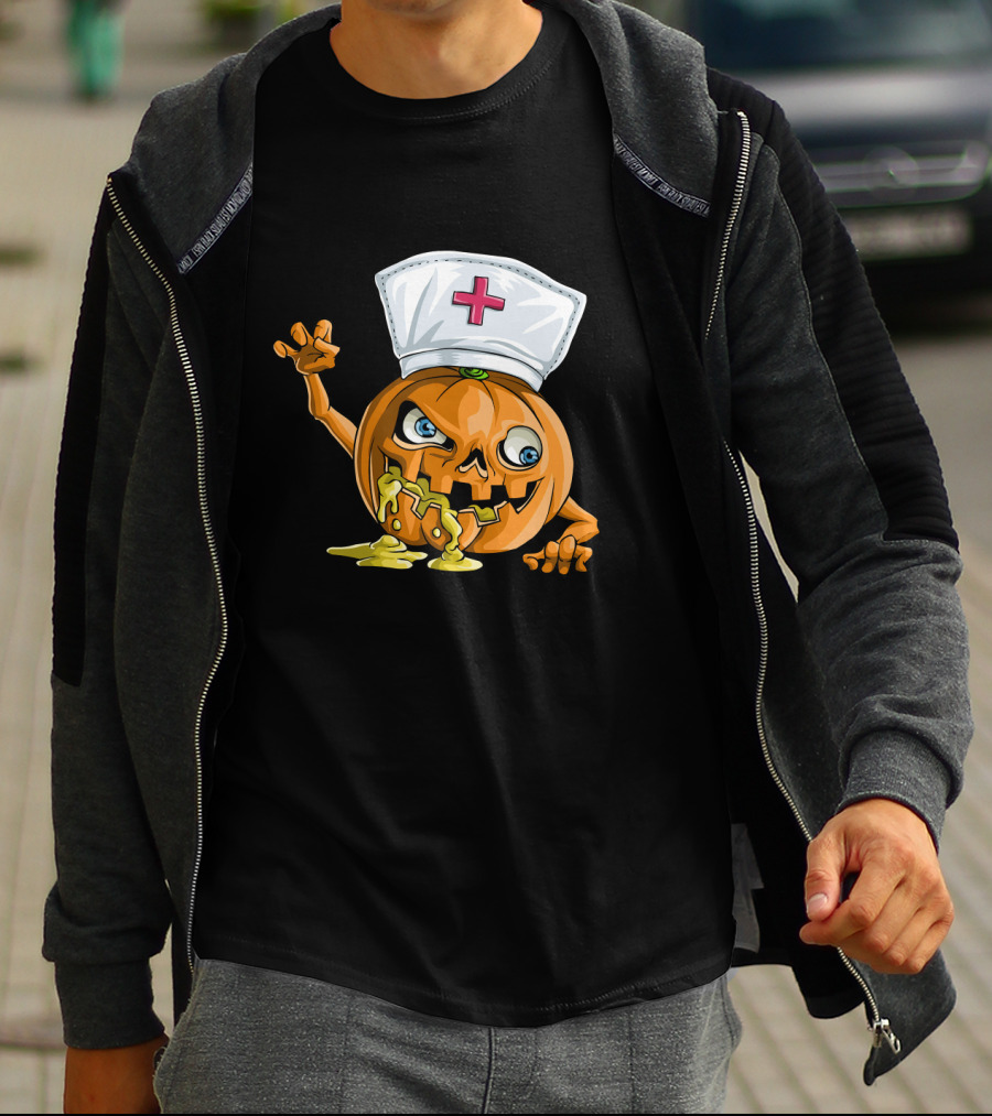 Zombie Pumpkin Nurse Funny Halloween Horror T-Shirt