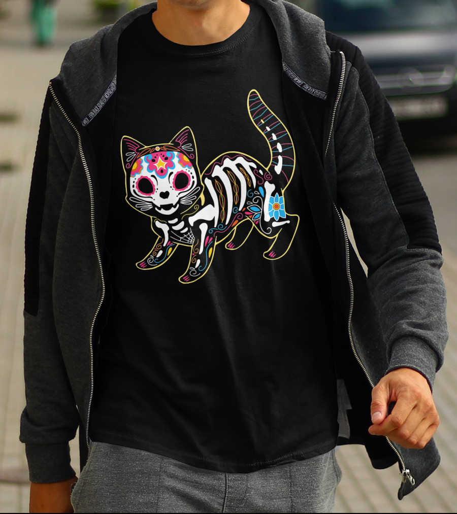 Day Of The Dead Black Cat Sugar Skull Halloween T-Shirt