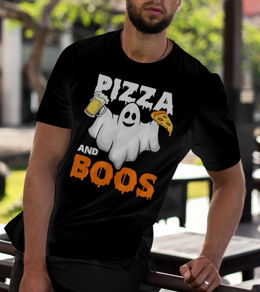 Pizza And Boos Ghost Holding Beer And Pizza Slice Halloween Funny Ghost Drinking Beer T-Shirt