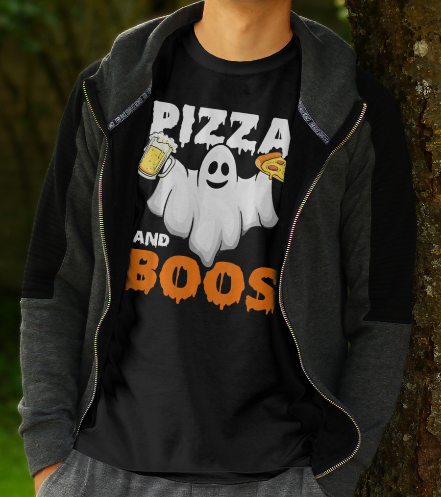 Pizza And Boos Ghost Holding Beer And Pizza Slice Halloween Funny Ghost Drinking Beer T-Shirt