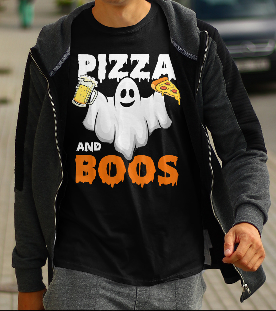 Pizza And Boos Ghost Holding Beer And Pizza Slice Halloween Funny Ghost Drinking Beer T-Shirt