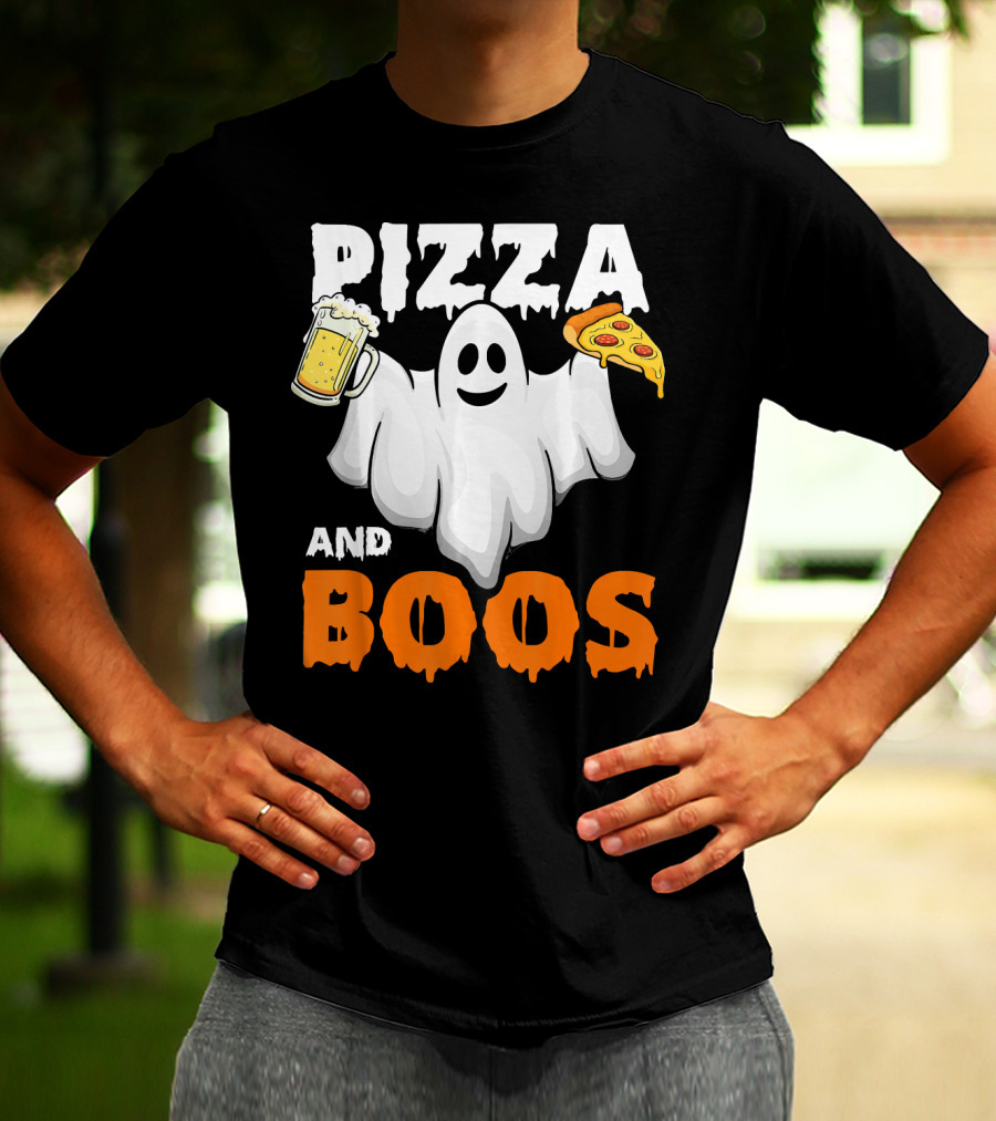 Pizza And Boos Ghost Holding Beer And Pizza Slice Halloween Funny Ghost Drinking Beer T-Shirt