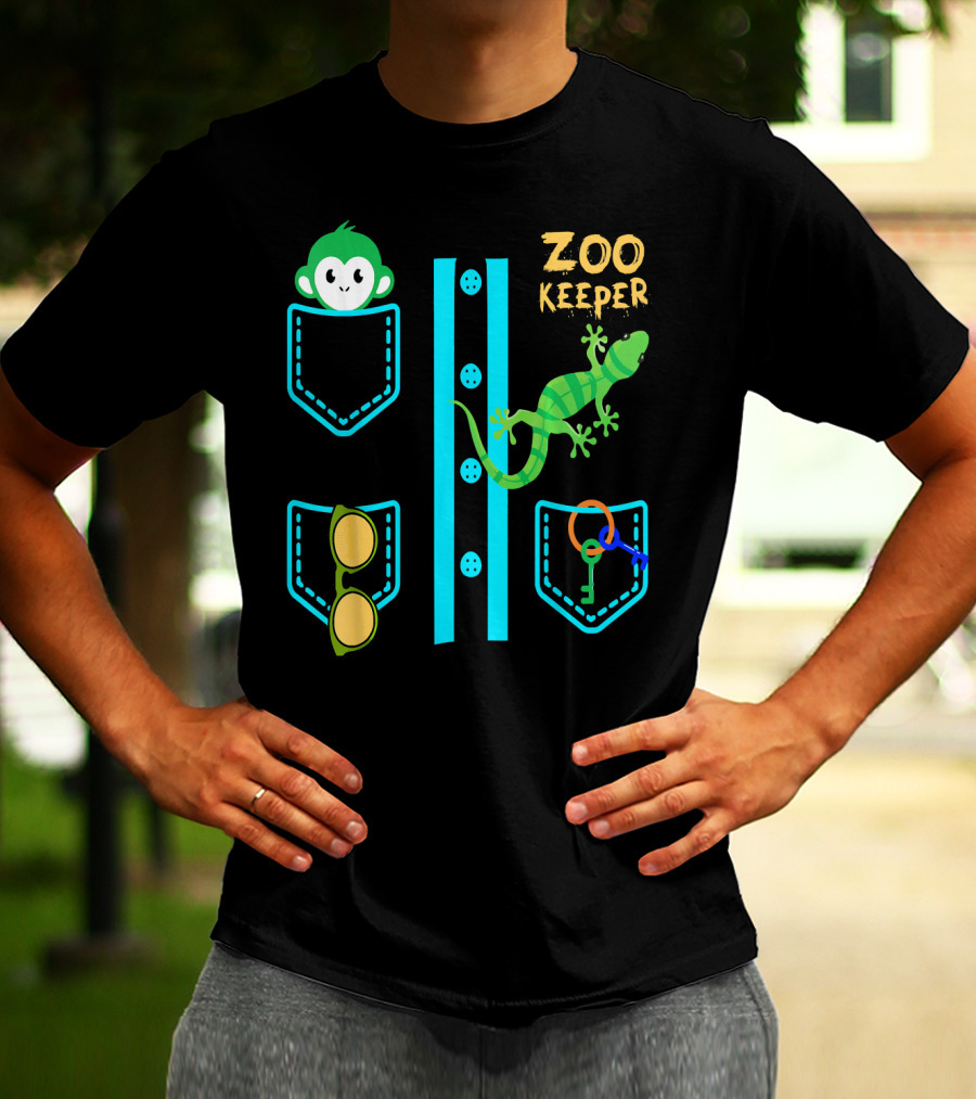 Zoo Keeper Costume Halloween Monkey Lizard Pockets Keys Glasses T-Shirt