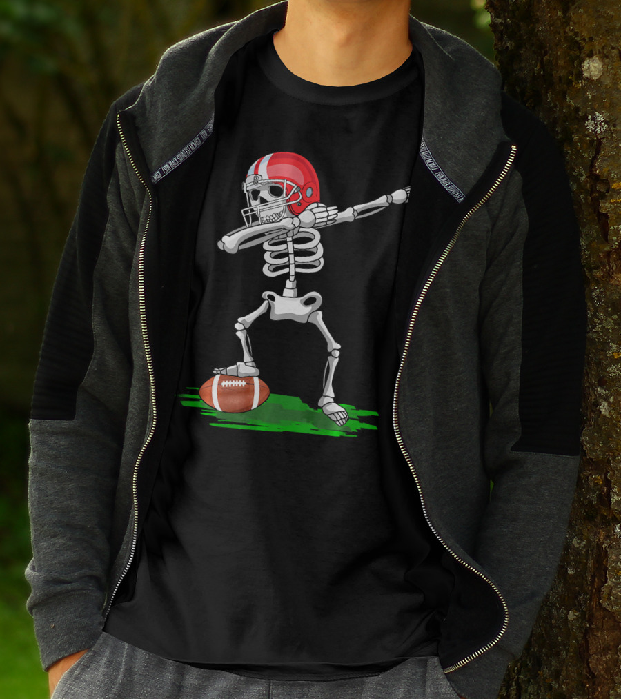 Dabbing Skeleton With Football And Red Helmet For Halloween T-Shirt