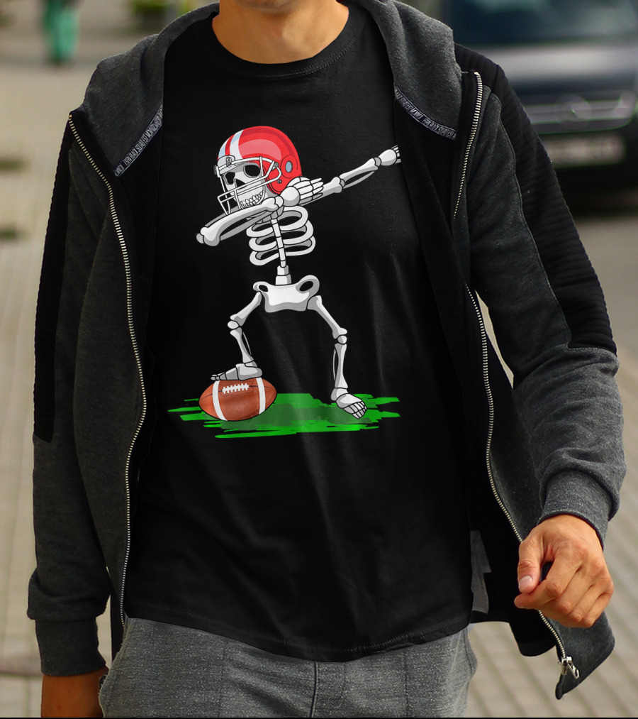 Dabbing Skeleton With Football And Red Helmet For Halloween T-Shirt