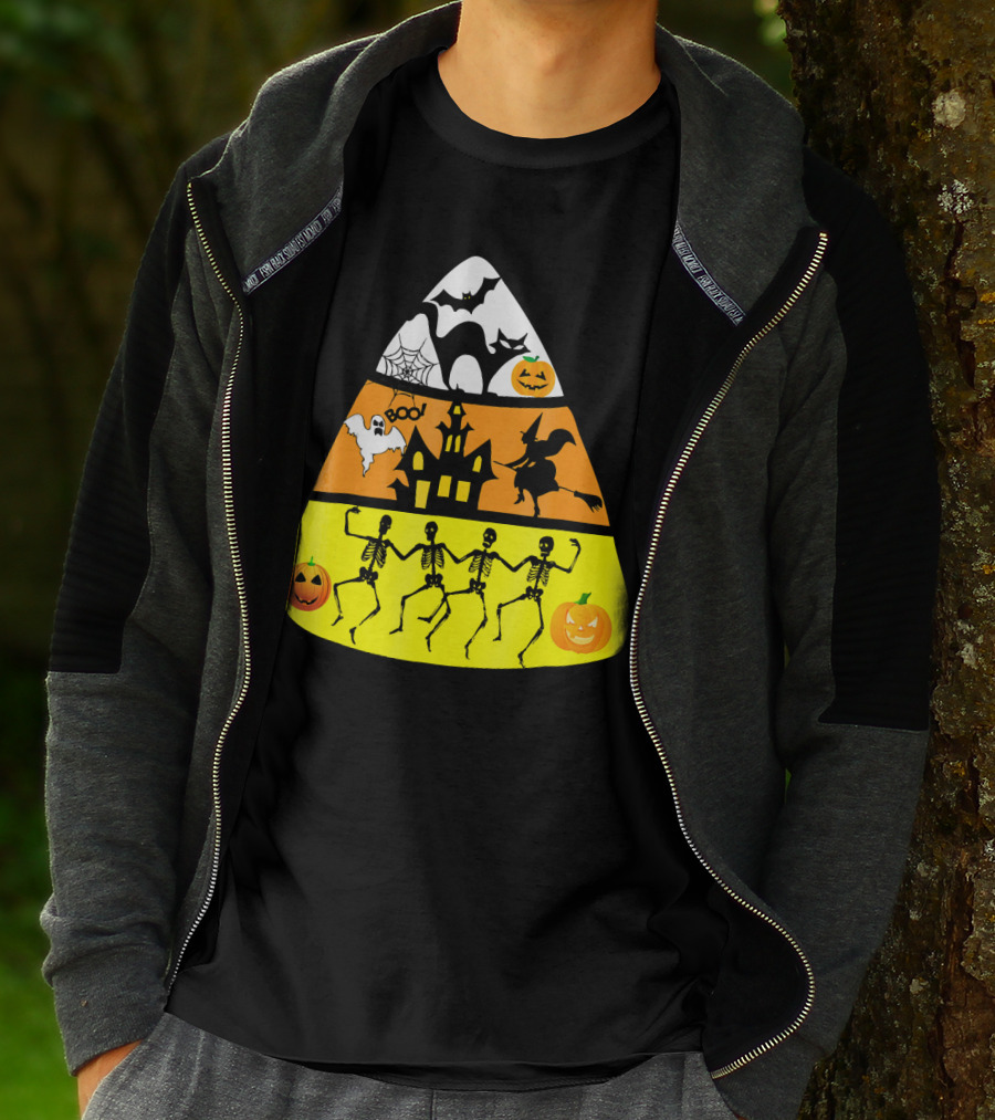 Candy Corn Halloween Scene Witch Skeletons Pumpkins Ghost Bats Haunted House Boo T-Shirt