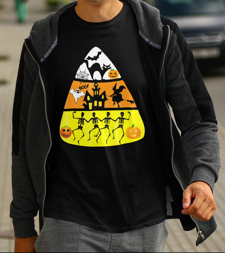 Candy Corn Halloween Scene Witch Skeletons Pumpkins Ghost Bats Haunted House Boo T-Shirt