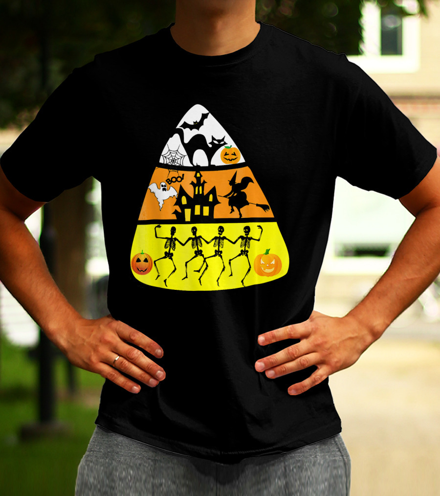 Candy Corn Halloween Scene Witch Skeletons Pumpkins Ghost Bats Haunted House Boo T-Shirt