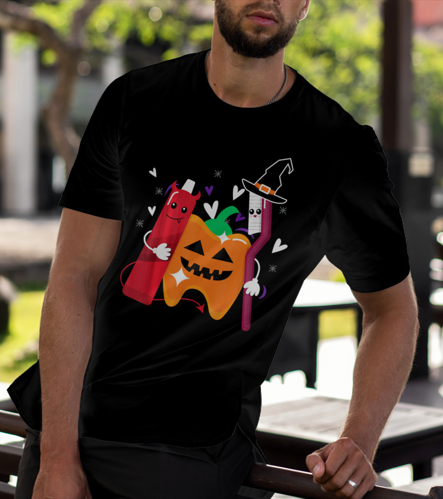 Happy Halloween Costume Toothbrush Tooth With Pumpkin And Toothpaste Characters T-Shirt