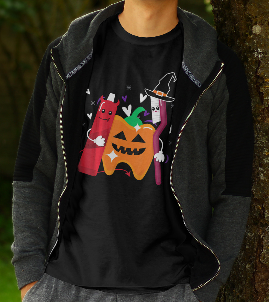 Happy Halloween Costume Toothbrush Tooth With Pumpkin And Toothpaste Characters T-Shirt