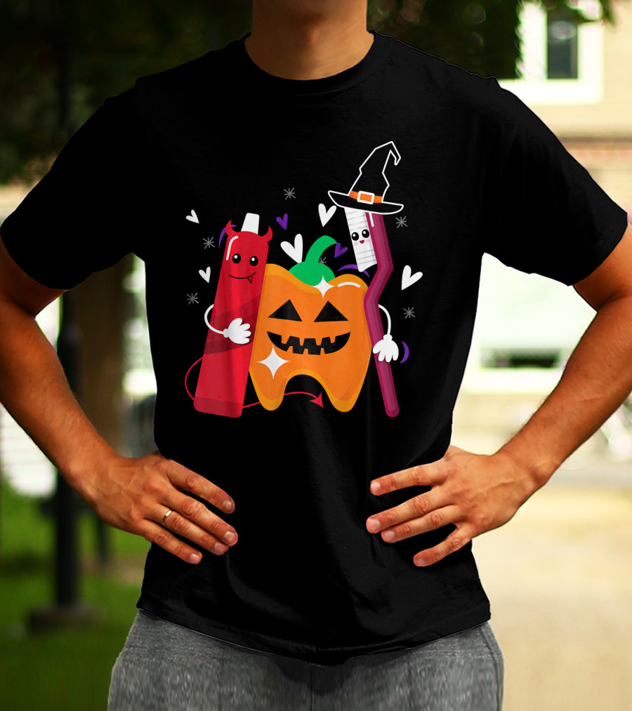 Happy Halloween Costume Toothbrush Tooth With Pumpkin And Toothpaste Characters T-Shirt