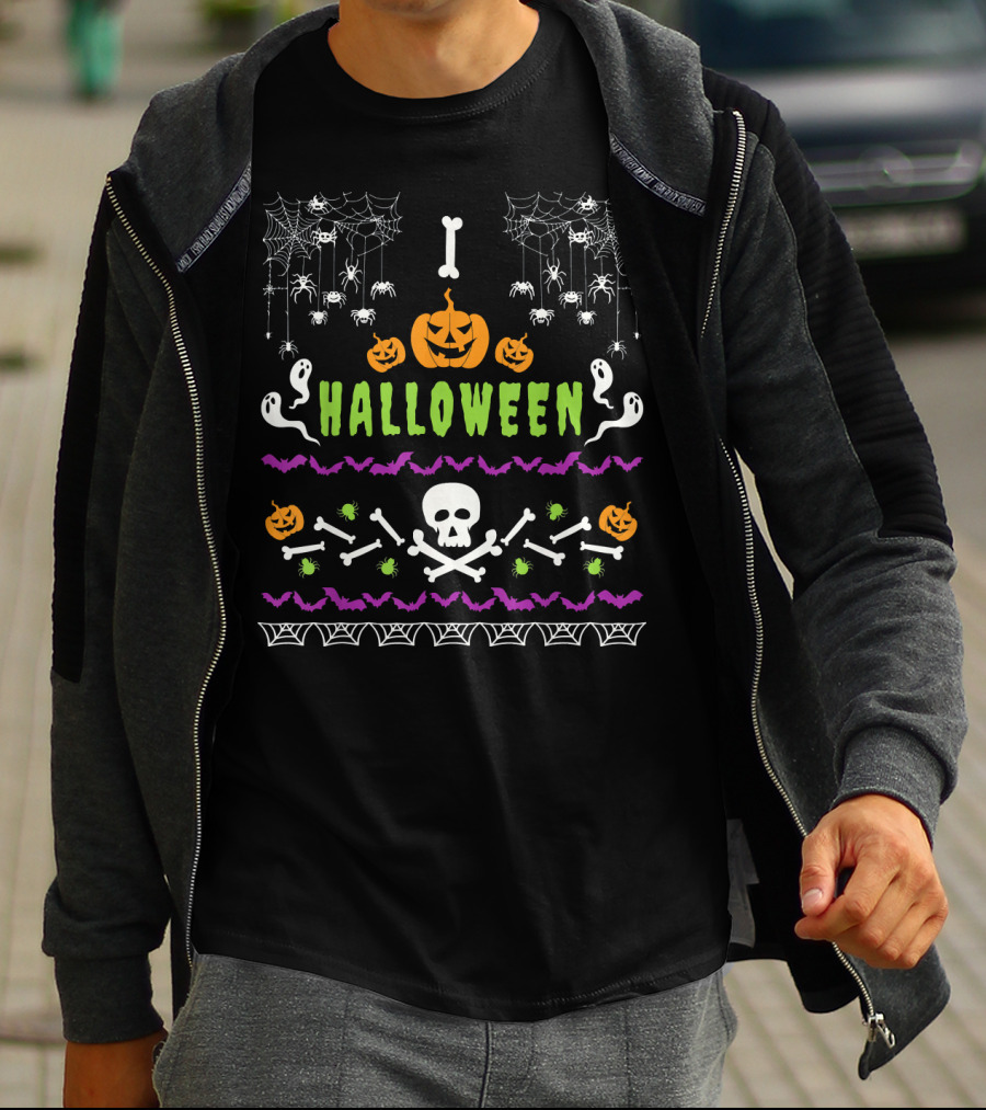 Halloween Lover Ugly Holiday Spooky Pumpkins Ghosts Skulls Bats Spiders Webs T-Shirt