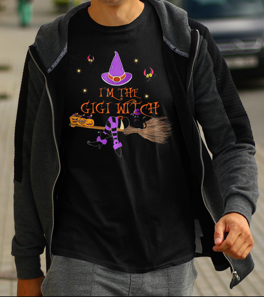 I'm The Gigi Witch Halloween Purple Hat Cat Broomstick Stars T-Shirt