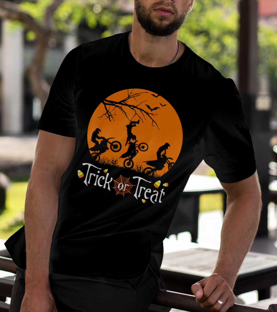 Motocross Halloween Trick Or Treat Moon Scene T-Shirt