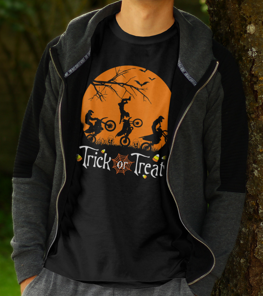 Motocross Halloween Trick Or Treat Moon Scene T-Shirt