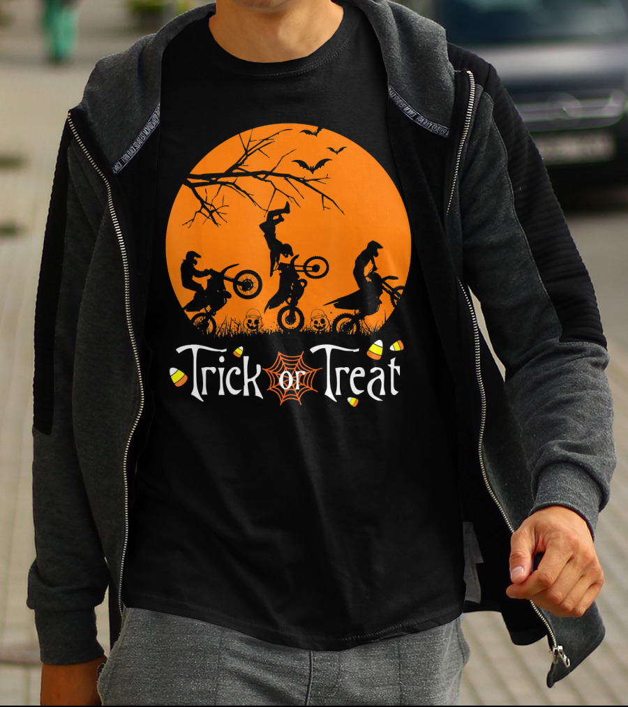 Motocross Halloween Trick Or Treat Moon Scene T-Shirt