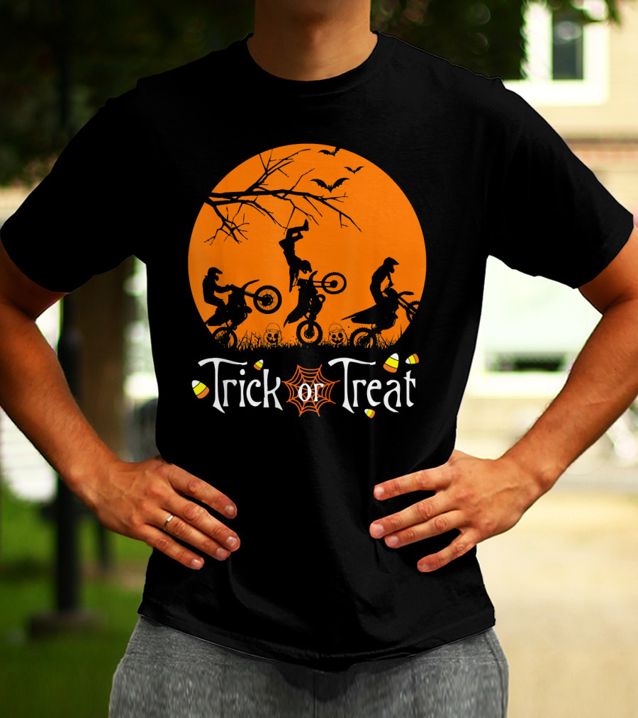 Motocross Halloween Trick Or Treat Moon Scene T-Shirt
