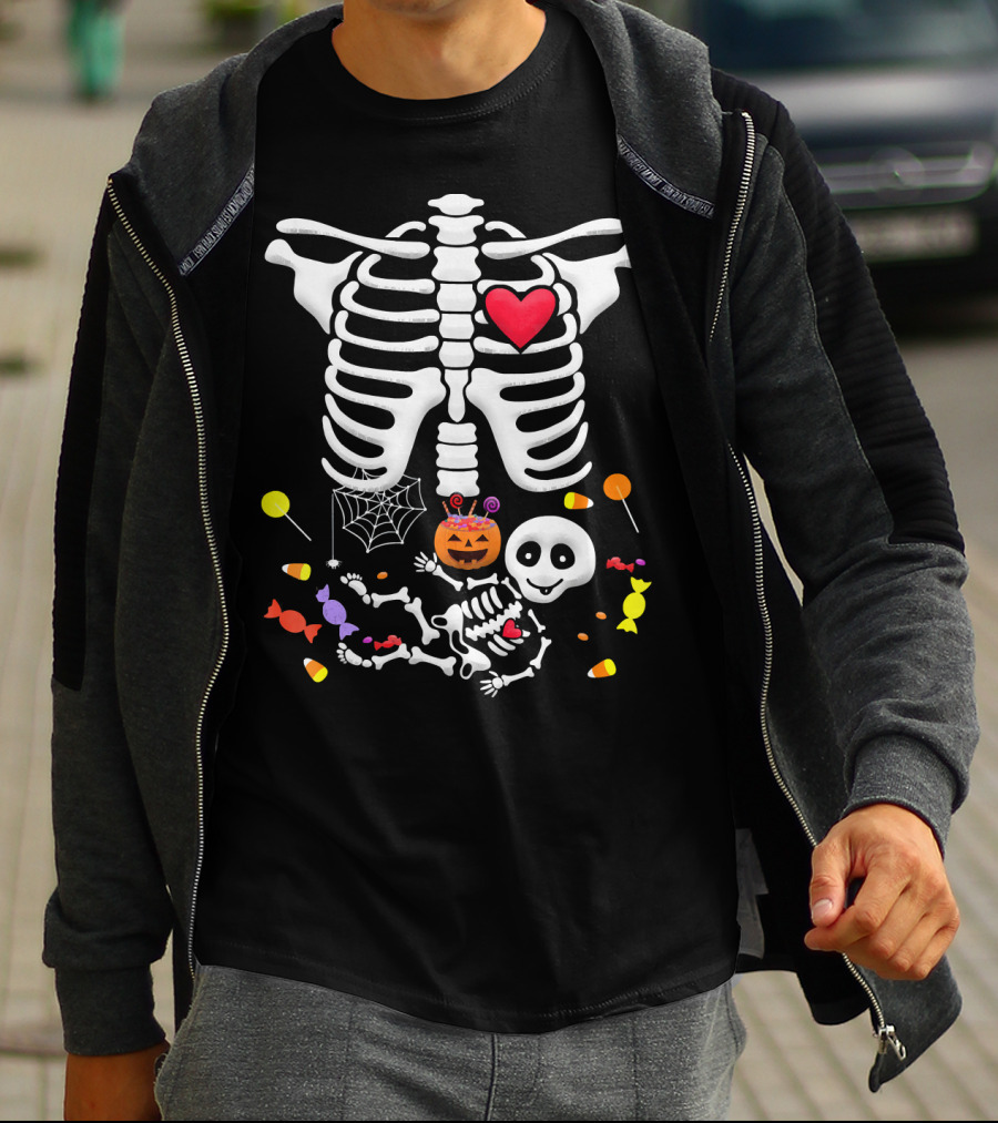 Pregnant Skeleton Heart Candy Pumpkin Halloween T-Shirt