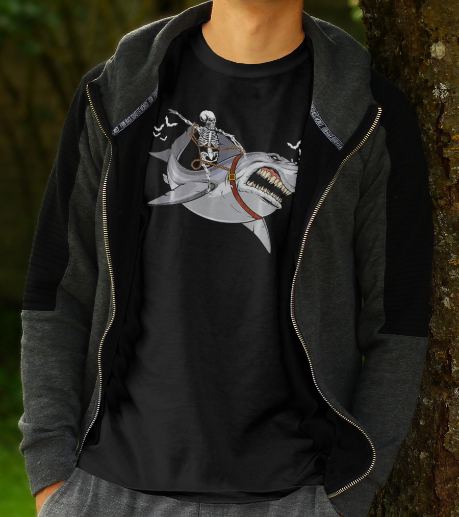 Skeleton Cowboy Riding Giant Shark With Bats T-Shirt