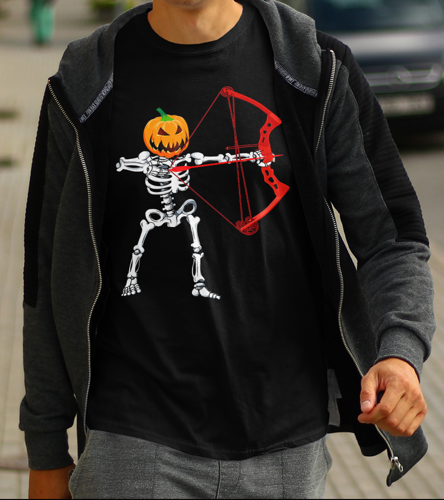 Skeleton Pumpkin Head With Red Bow Archery Halloween T-Shirt