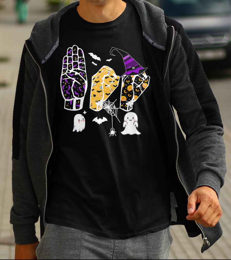 Sign Language Boo Halloween Witch Hat Ghosts T-Shirt