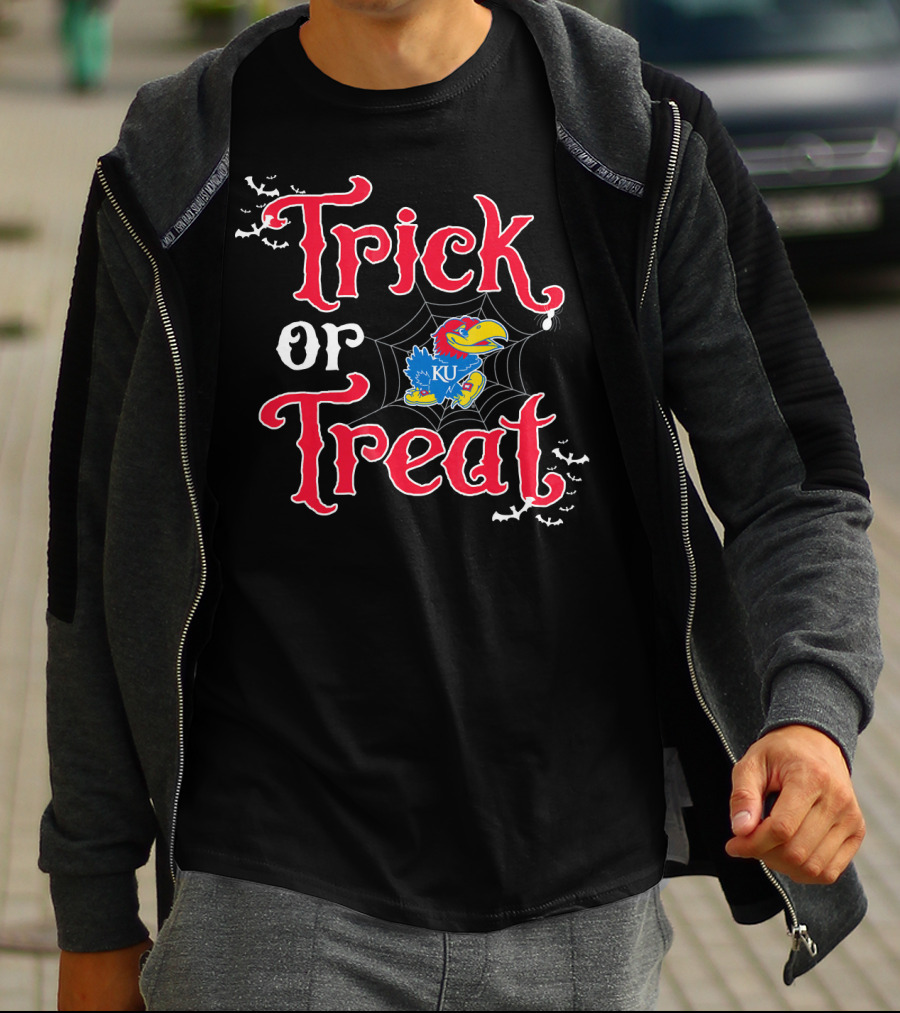 Kansas Jayhawks Trick Or Treat Halloween KU Logo Spiderweb Bats T-Shirt
