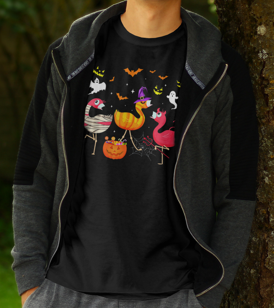 Flamingo Happy Halloween Ghosts And Pumpkins T-Shirt