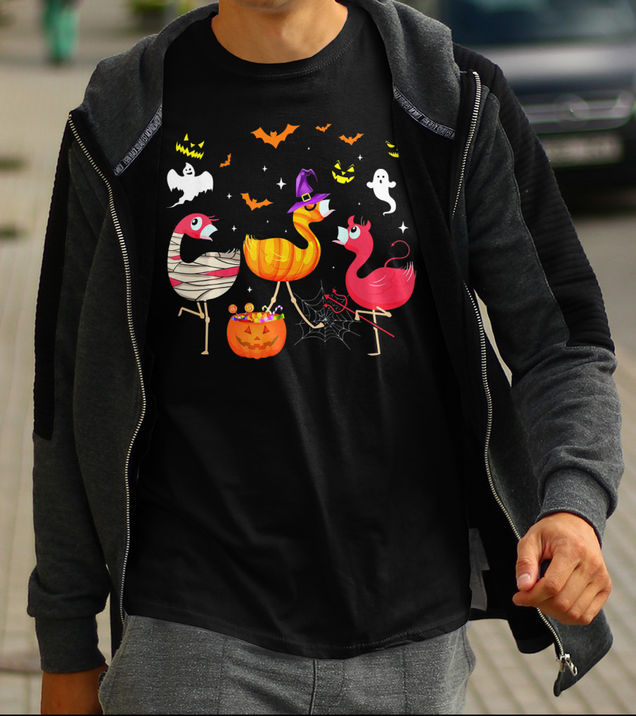 Flamingo Happy Halloween Ghosts And Pumpkins T-Shirt