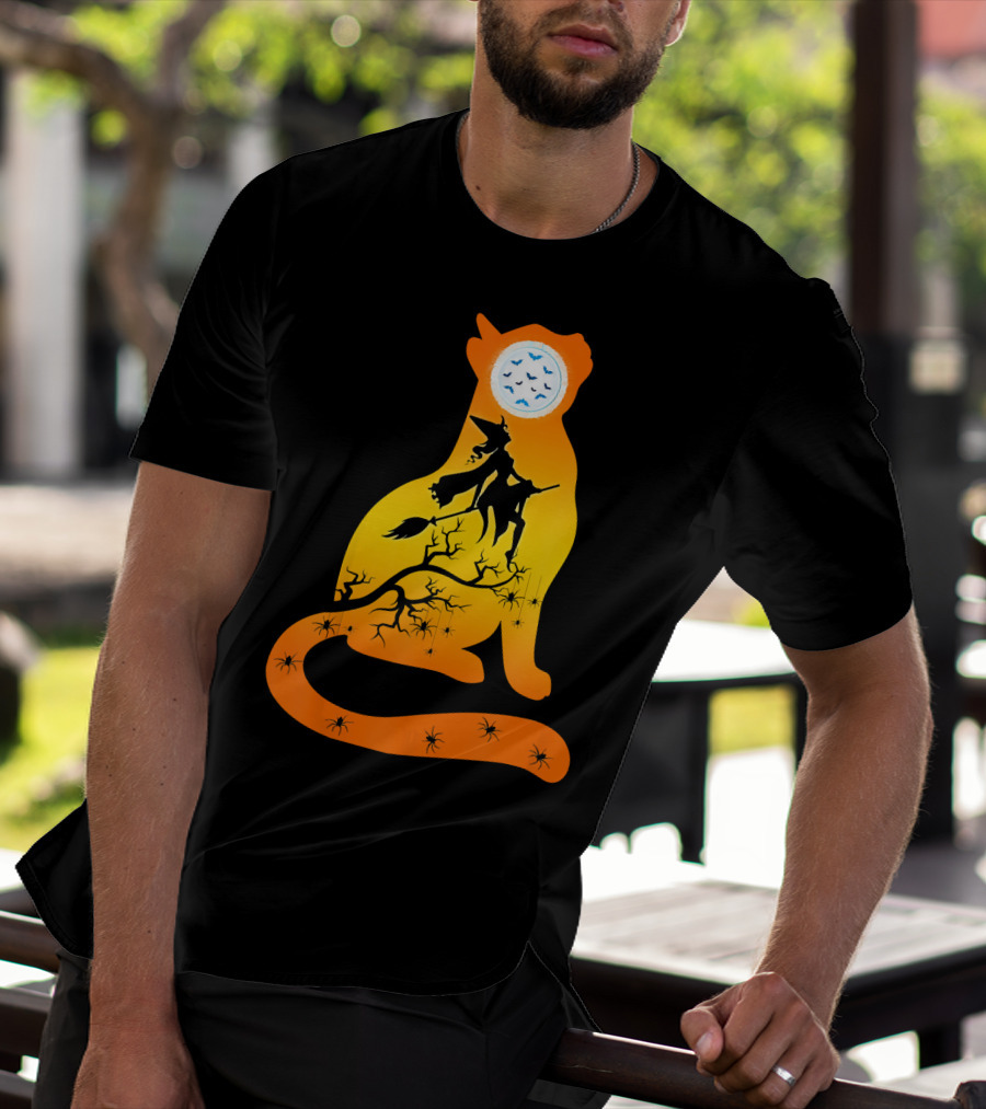 Funny Cat Witch Flying Under Bat Moon With Spooky Webs T-Shirt