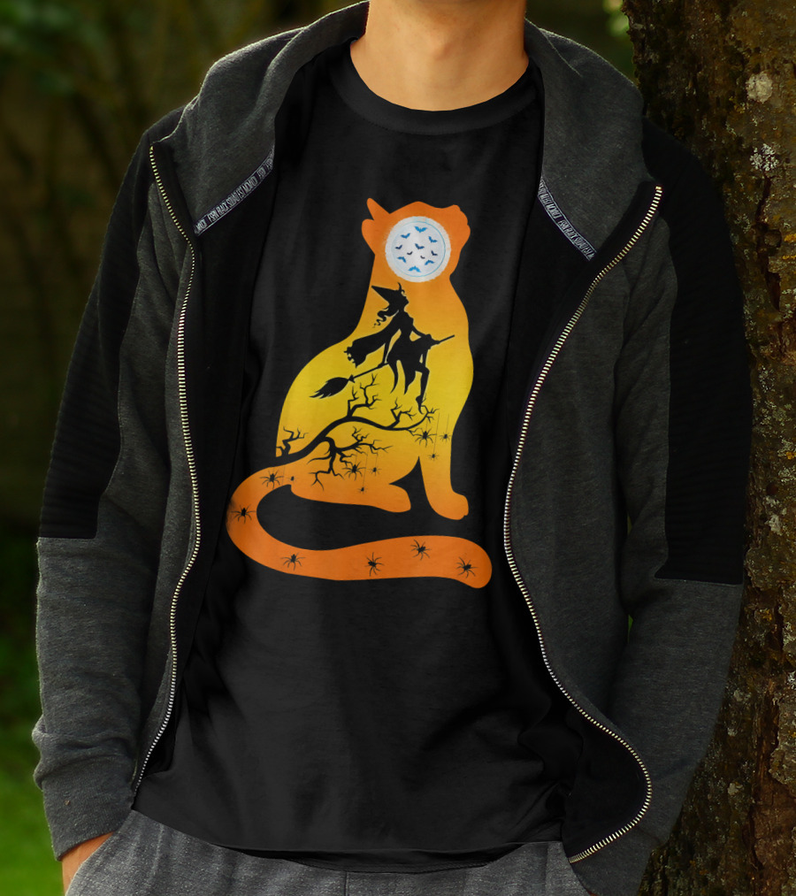 Funny Cat Witch Flying Under Bat Moon With Spooky Webs T-Shirt