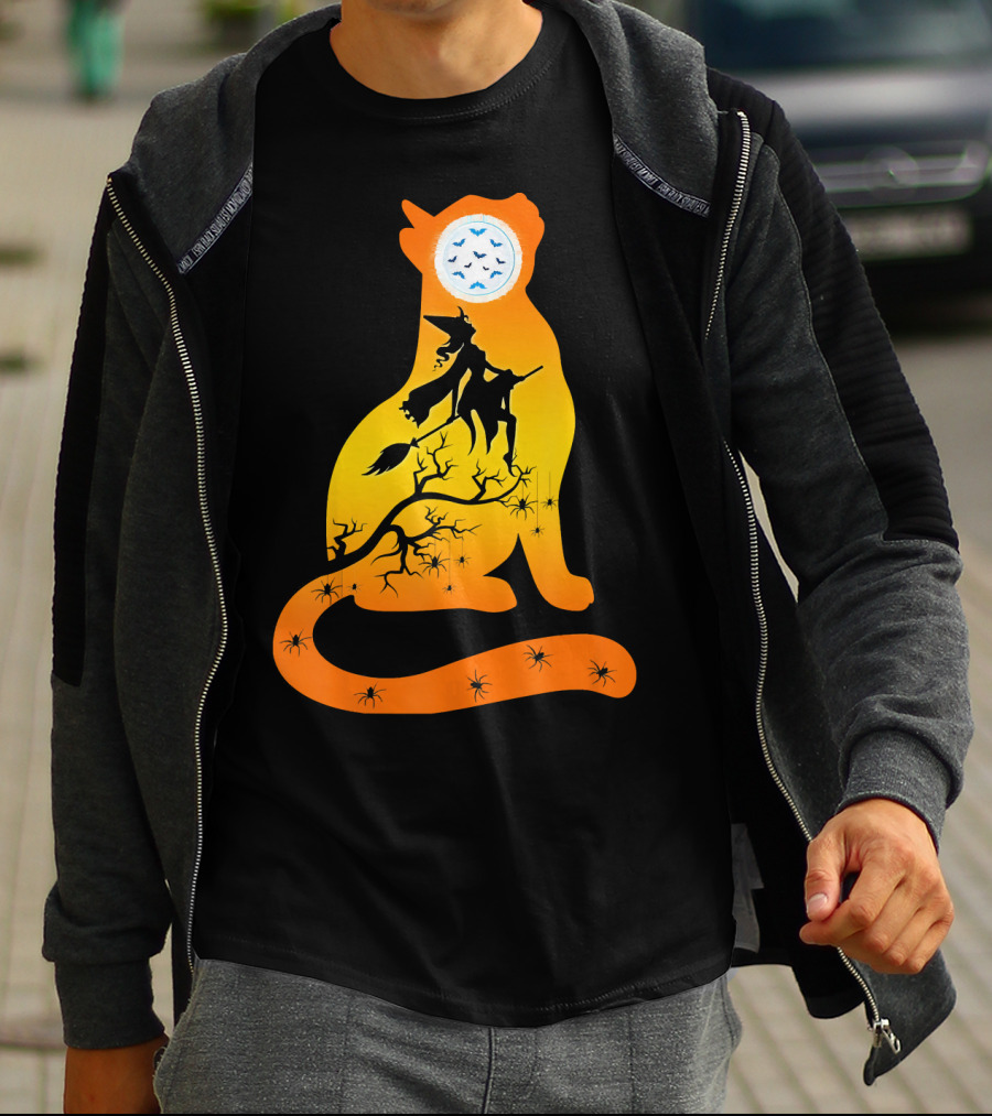 Funny Cat Witch Flying Under Bat Moon With Spooky Webs T-Shirt