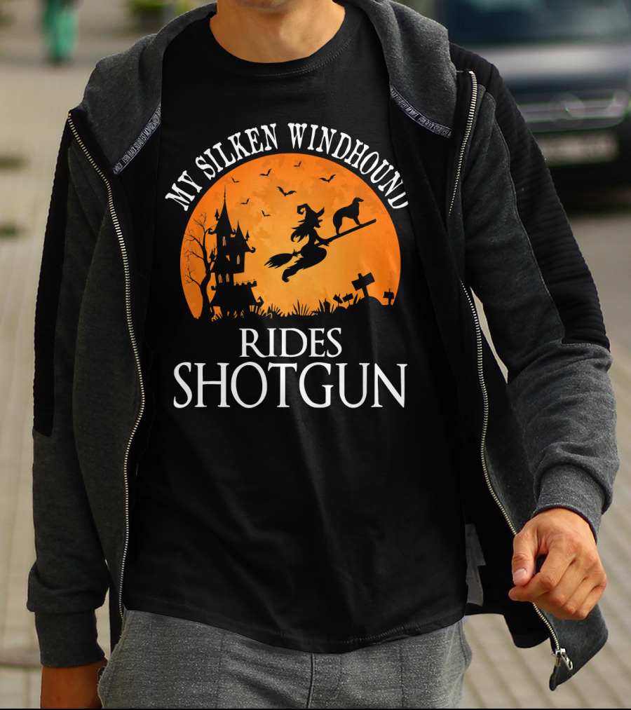 My Silken Windhound Rides Shotgun Halloween Witch Dog Moon Graveyard Scene T-Shirt