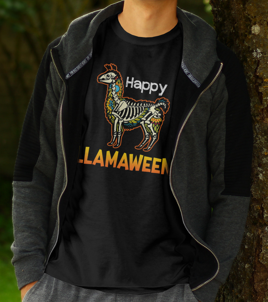 Happy Llamaween Funny Llama Skeleton Halloween T-Shirt